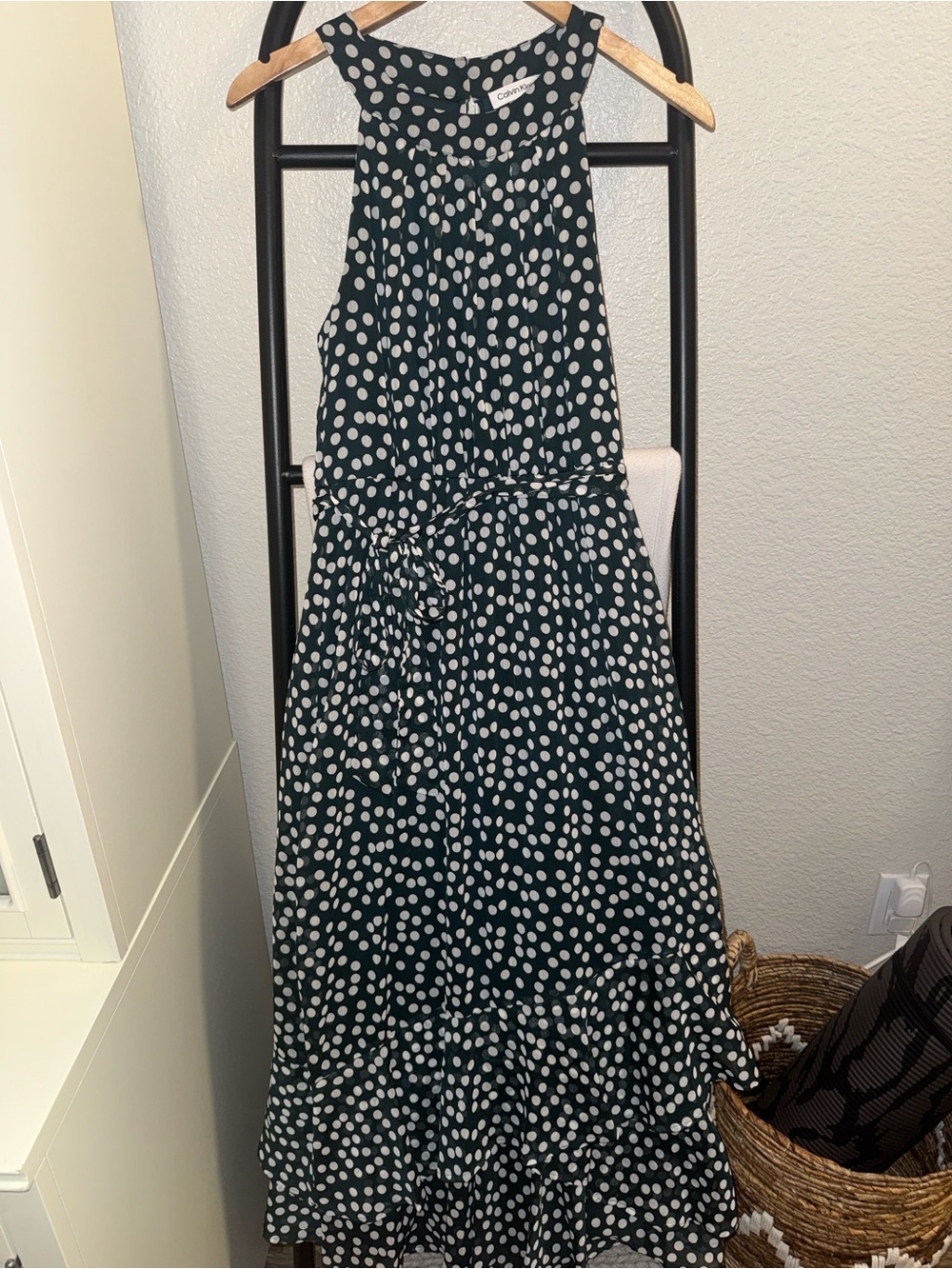 Calvin Klein Dark Green Polka Dot Halter Maxi Dress